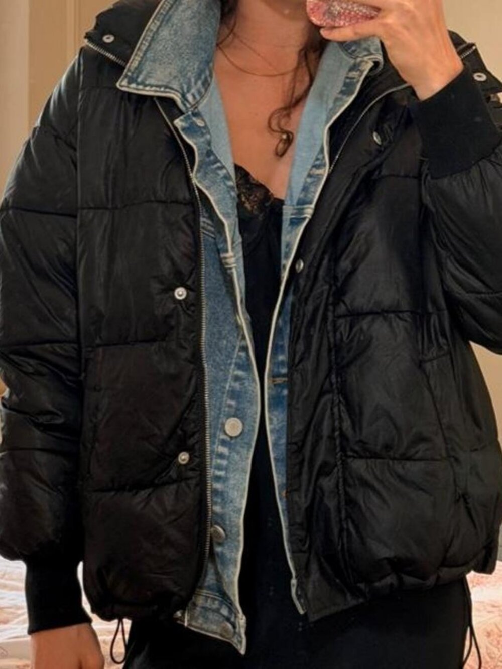 Blank NYC Black puffer jacket with denim collar